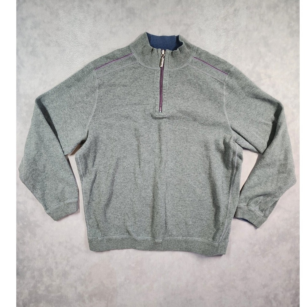 Tommy Bahama Quarter Zip Pullover Sweater Mens XXL? Gray Purple Trim Cotton